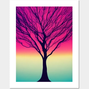 Lonely Tree Under a Pink Midnight Sky - Vibrant Colored Whimsical - Abstract Minimalist Bright Colorful Nature Poster Art of a Leafless Branches Posters and Art